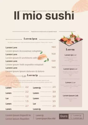 Cartellone del menu di un ristorante di sushi con foto gialle e illustrazioni di pesce