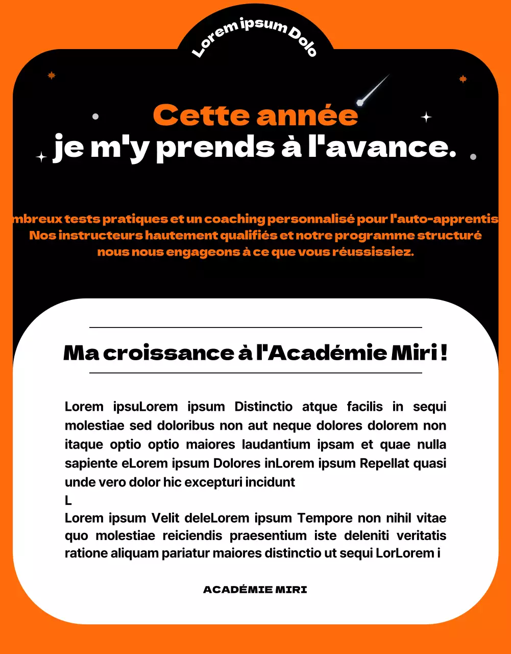 Un concept d'espace extra-atmosphérique avec des accents d'orange introduisant une école de transfert unique et amusante.