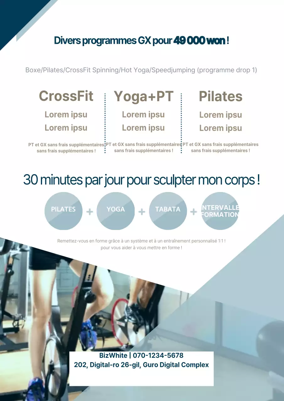 Un flyer simple pour un programme de remise en forme en bleu marine et bleu clair.