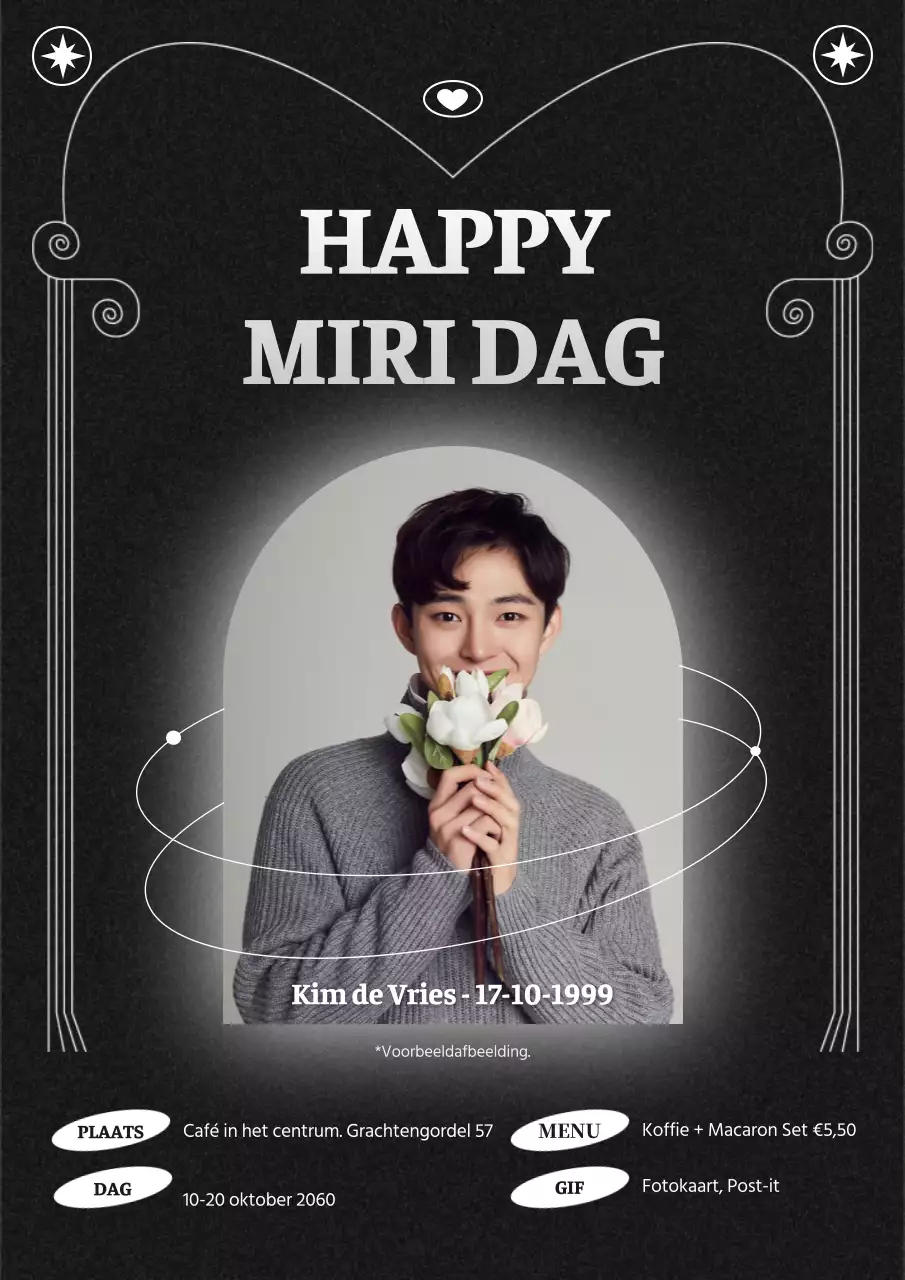 Een eenvoudig verjaardagscafé-concept in zwart en geometrische eenvoud