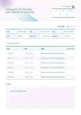 Hellblaues, einfaches, tabellarisches Planungsdokument für Mitarbeiterpicknicks