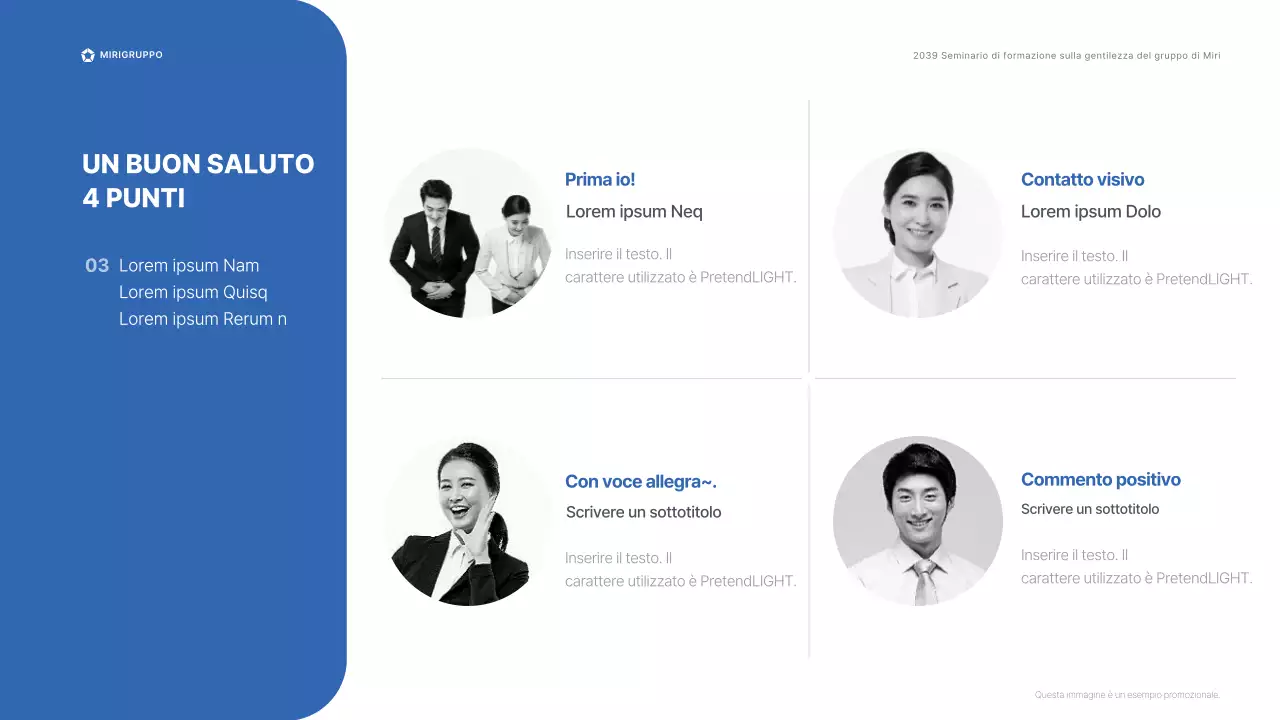 Seminario di formazione sulla gentilezza per il personale dei punti vendita del Gruppo Miri in blu e grigio Manuale di saluto