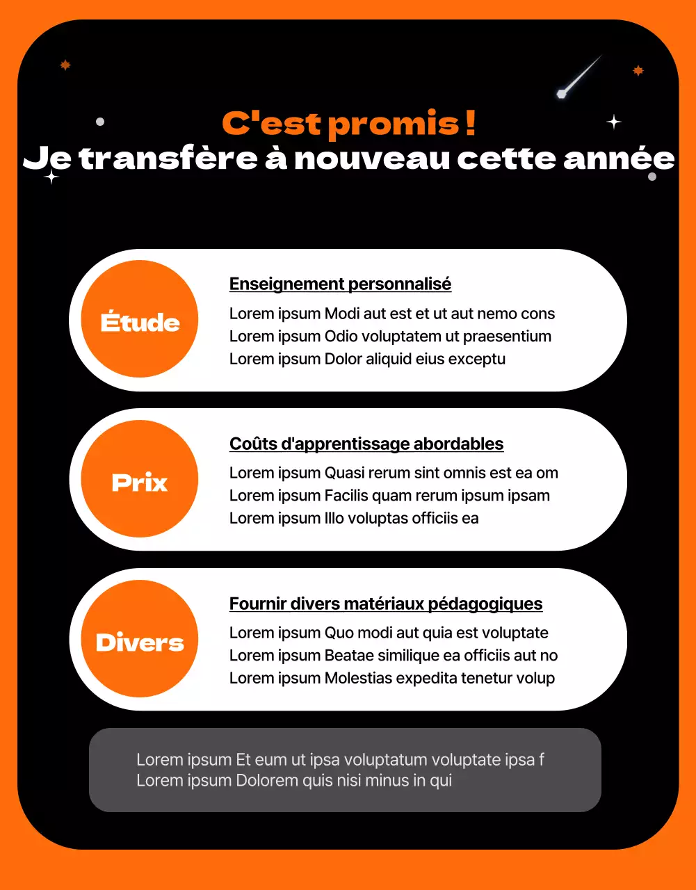 Un concept d'espace extra-atmosphérique avec des accents d'orange introduisant une école de transfert unique et amusante.