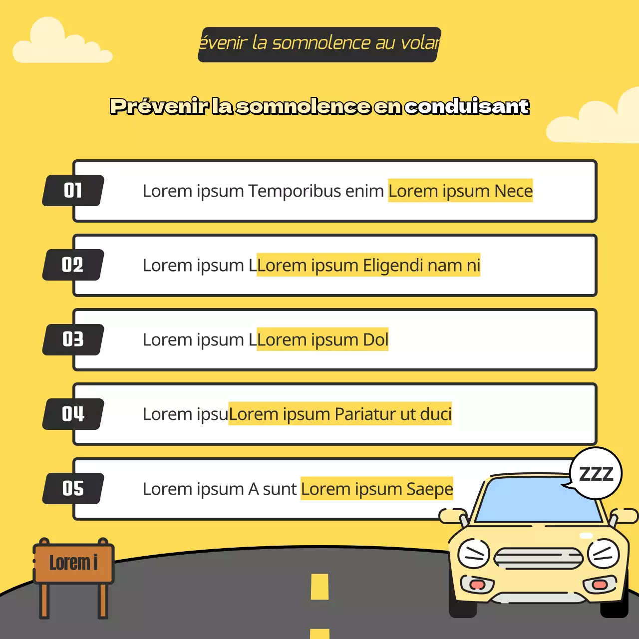 Illustration de la conduite en état de somnolence en jaune et gris