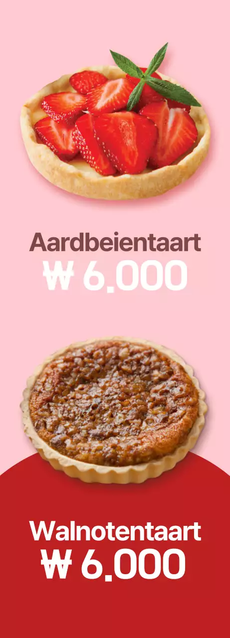 Een banner die een menu van zoete dessert taartjes introduceert met een roze achtergrond
