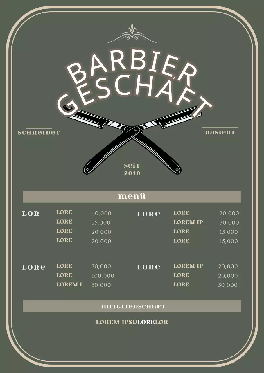 Acrylständer für ein grünes Barbershop-Menübrett im Vintage-Stil