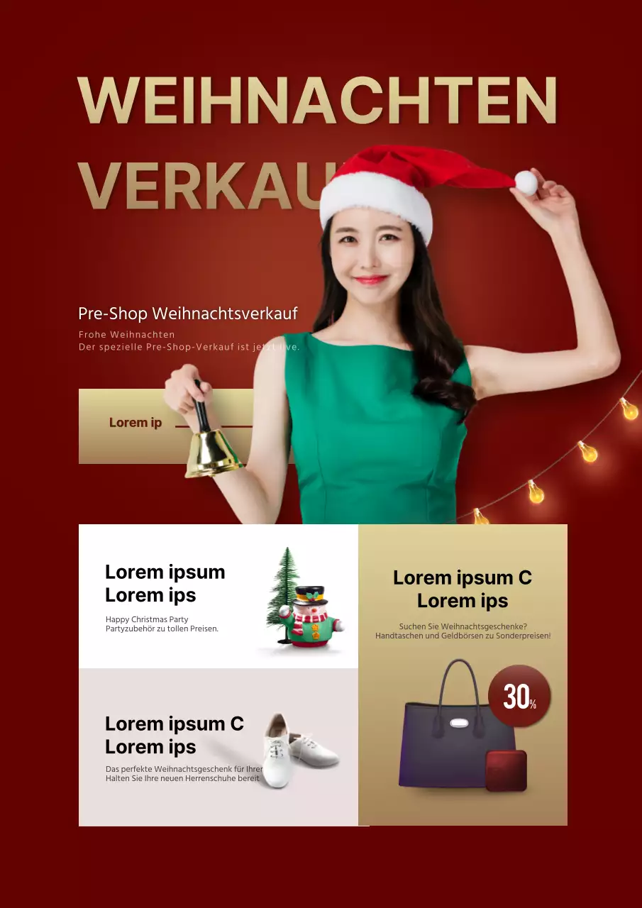 Werben Sie für eine Weihnachtsverkaufsveranstaltung mit einem Foto, auf dem Sie eine rote Weihnachtsmannmütze tragen