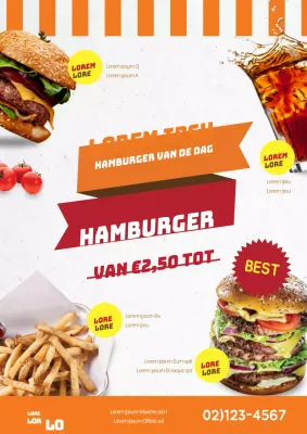 Oranje en rode hamburger van de dag verkoop evenement menu promotie flyer