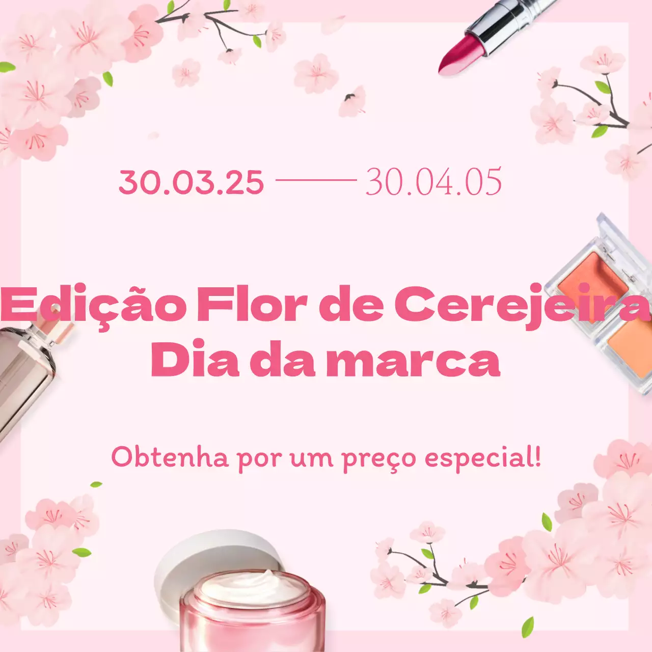 Cosmetics Cherry Blossom Edition Dia da marca com um conceito de ilustração de uma flor de cerejeira cor-de-rosa calmante