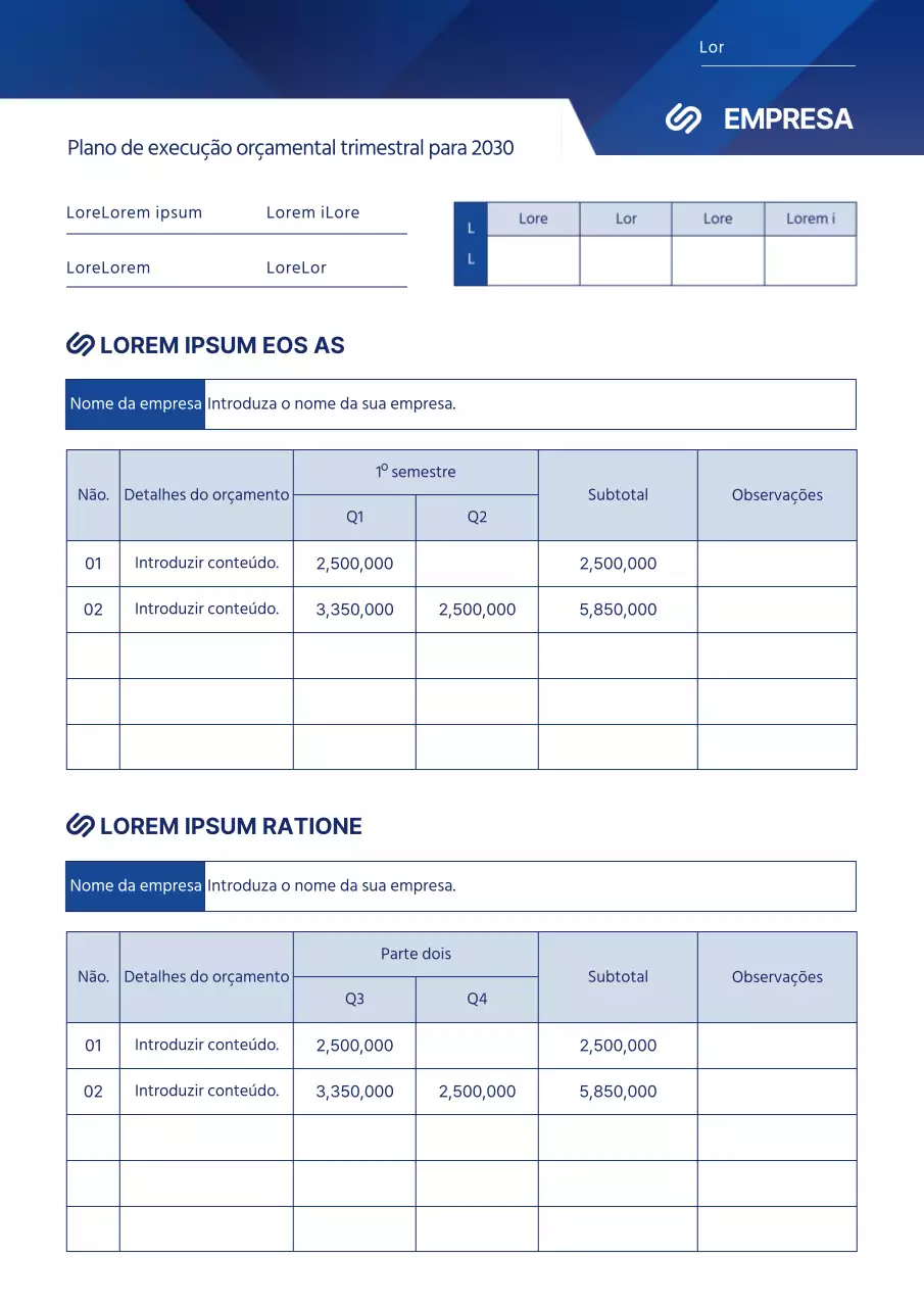 Plano de execução orçamental trimestral em estilo gráfico azul