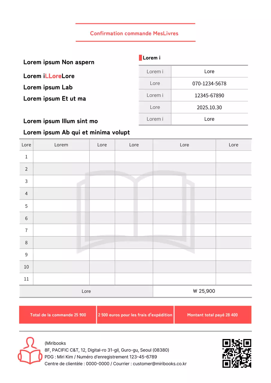 Une confirmation de commande de librairie propre et grise