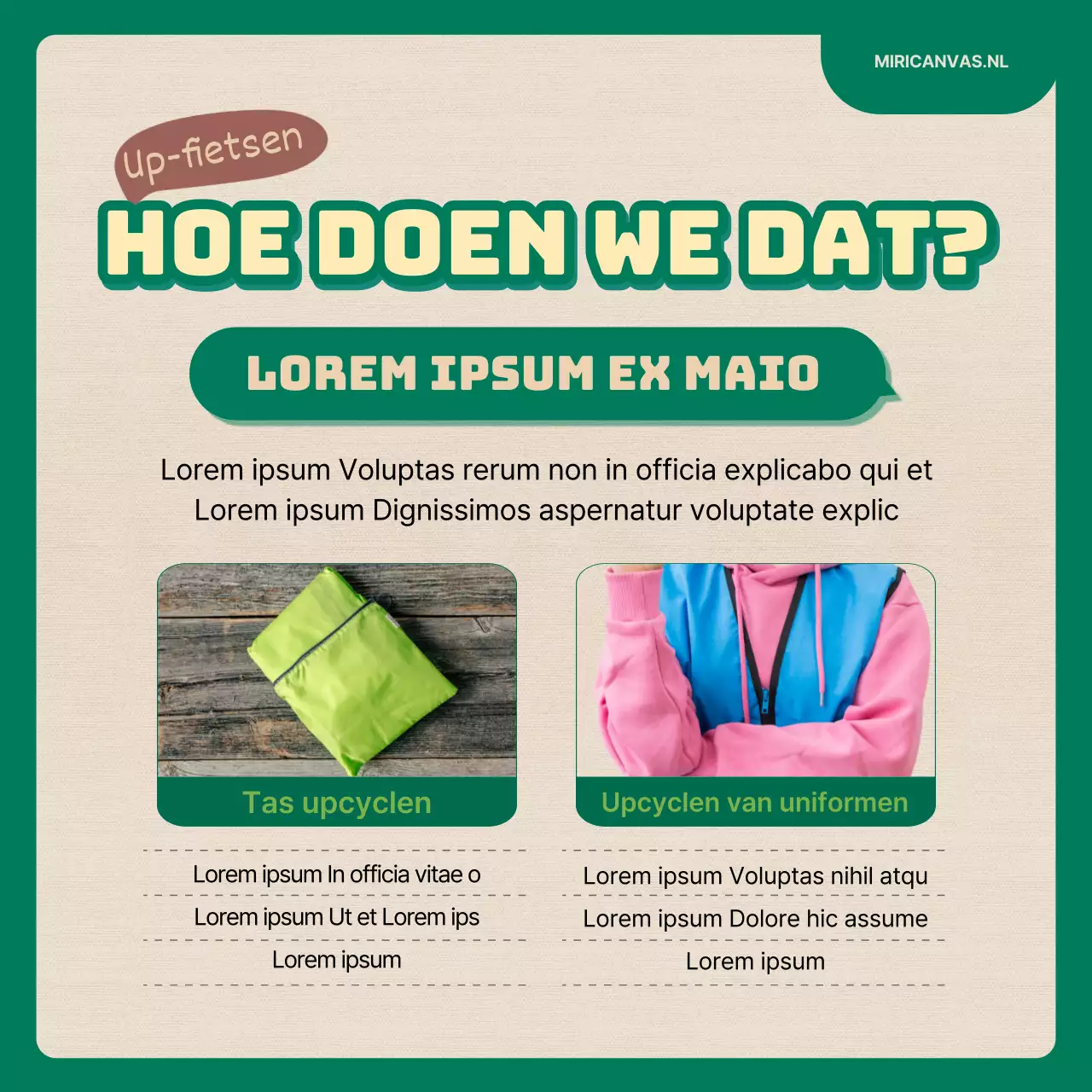 Upcycling uitdaging met groene en beige illustraties CardNews