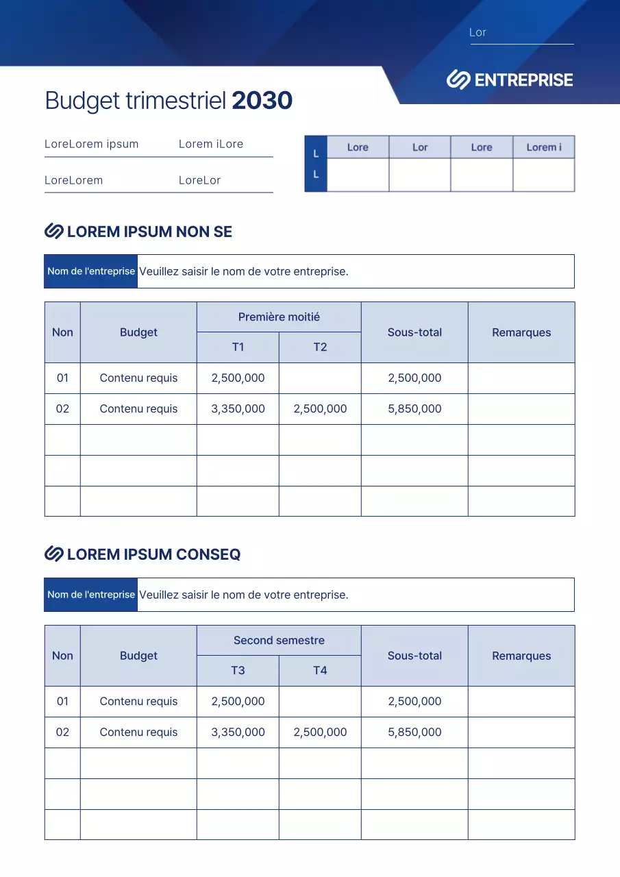Plan trimestriel d'exécution du budget en style graphique bleu