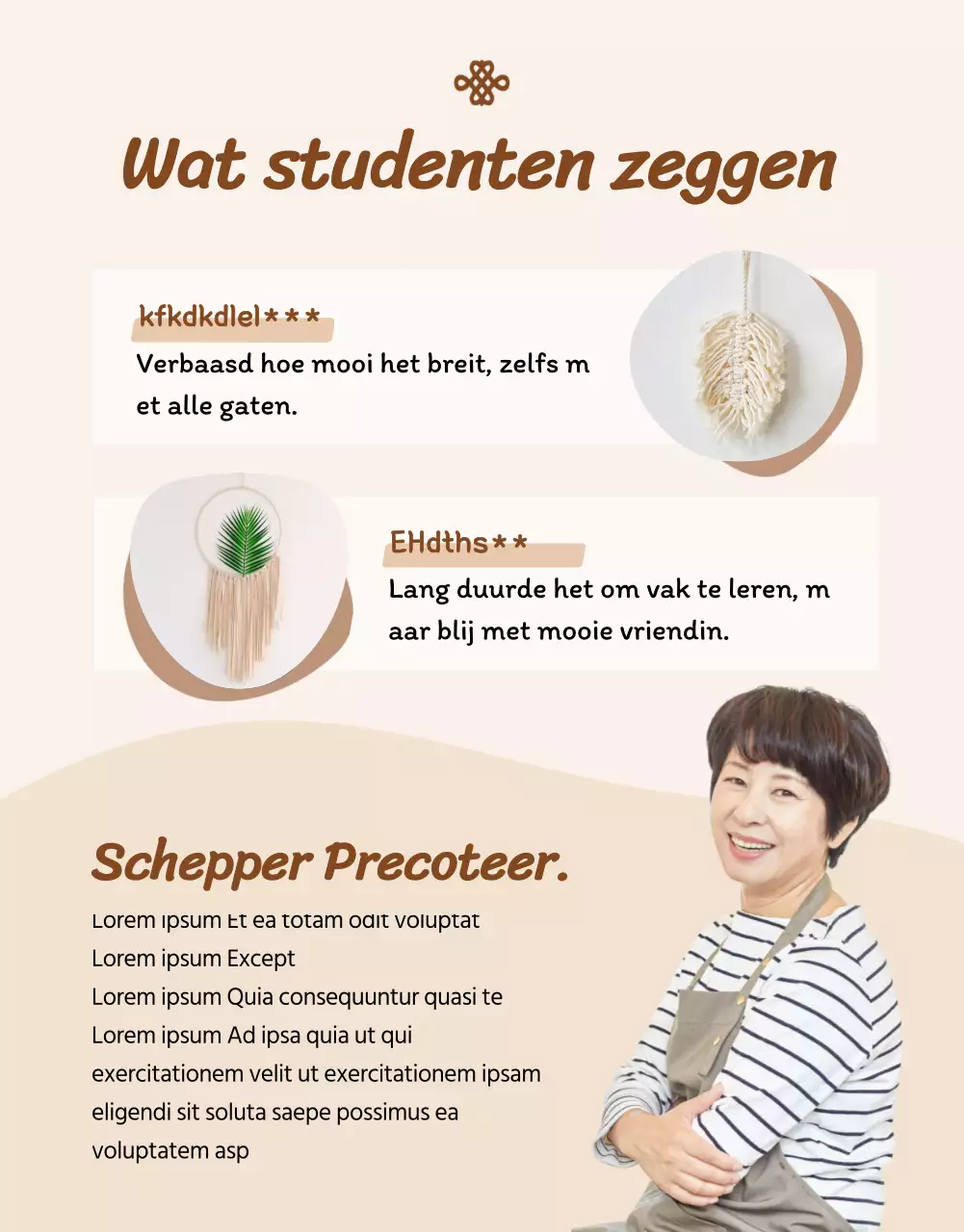 Informatie over een knutselcursus met beige abstracte illustraties en fotografie