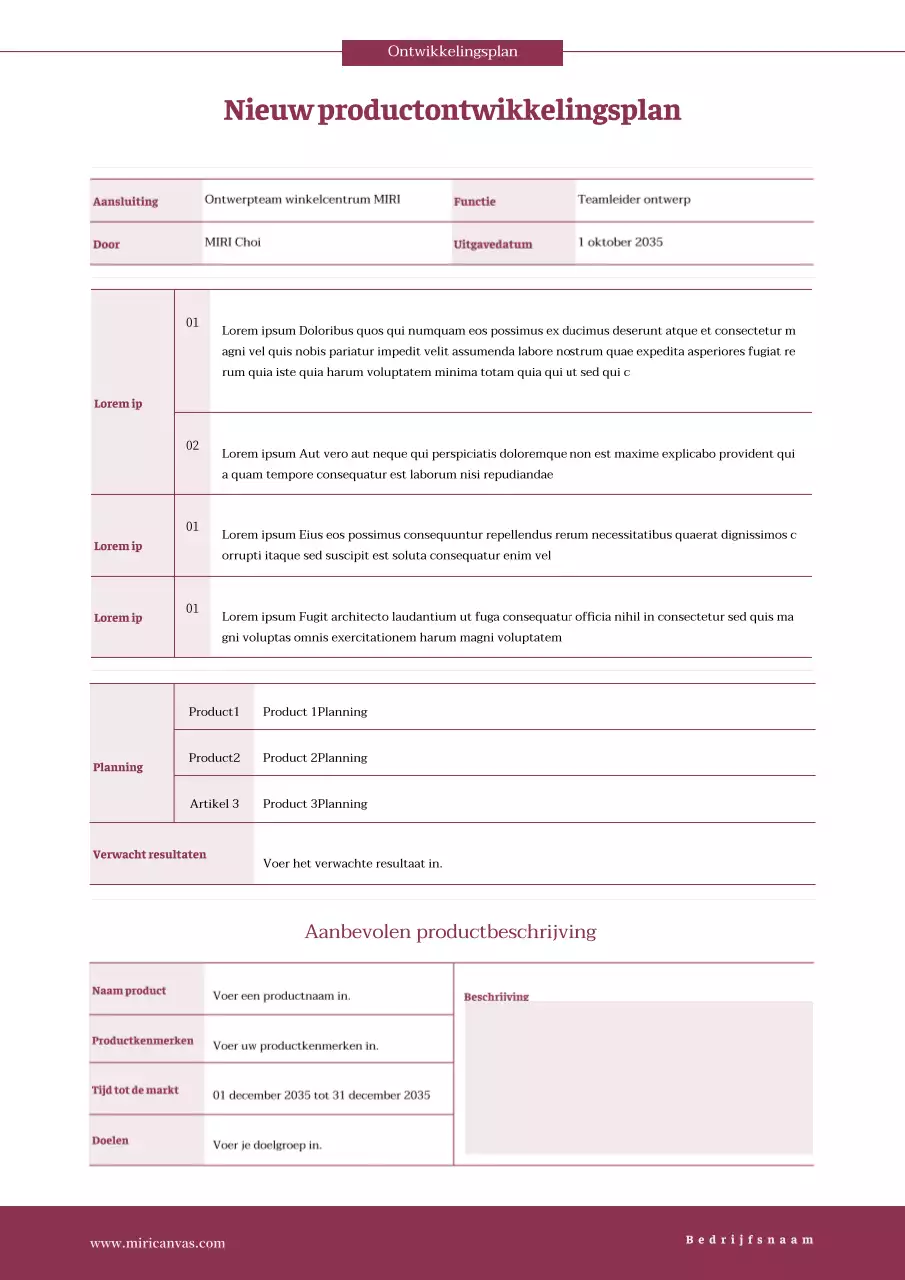 Rood, nieuw productontwikkelingsplan in tabelvorm