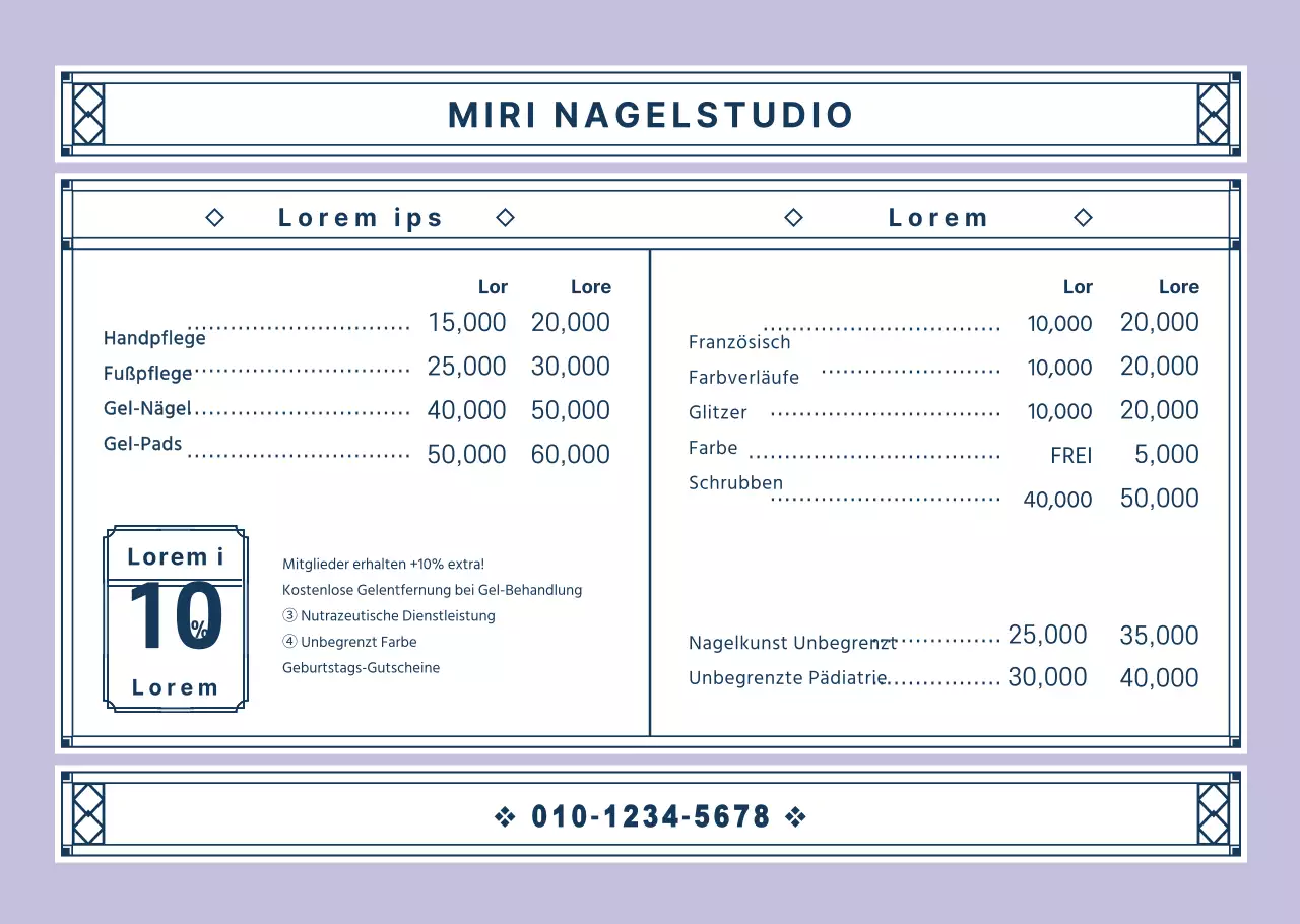 Nailart-Menütafel in einem dekorativen Vintage-Rahmen