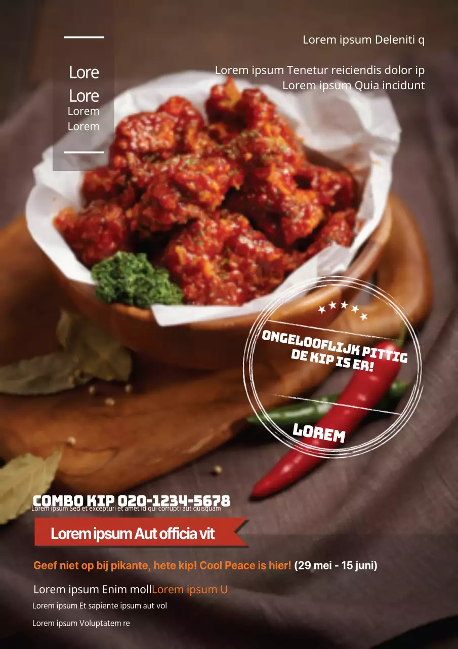 Promotionele flyer voor een kiprestaurant met een eenvoudig, fotogericht ontwerp