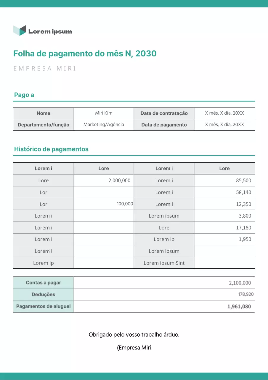 Formatar um documento de recibo de vencimento cor de menta