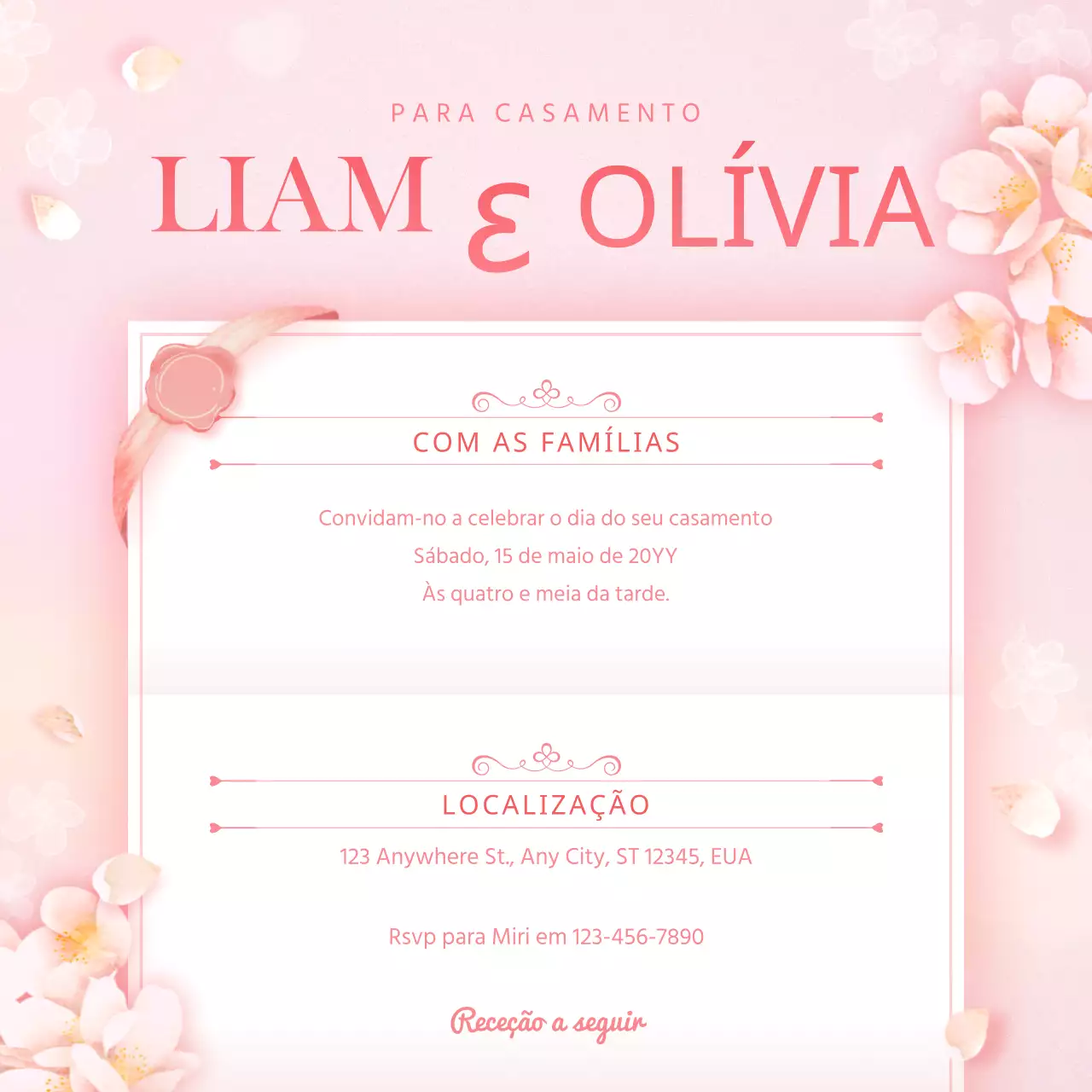 Tema de casamento com papel de carta floral cor-de-rosa