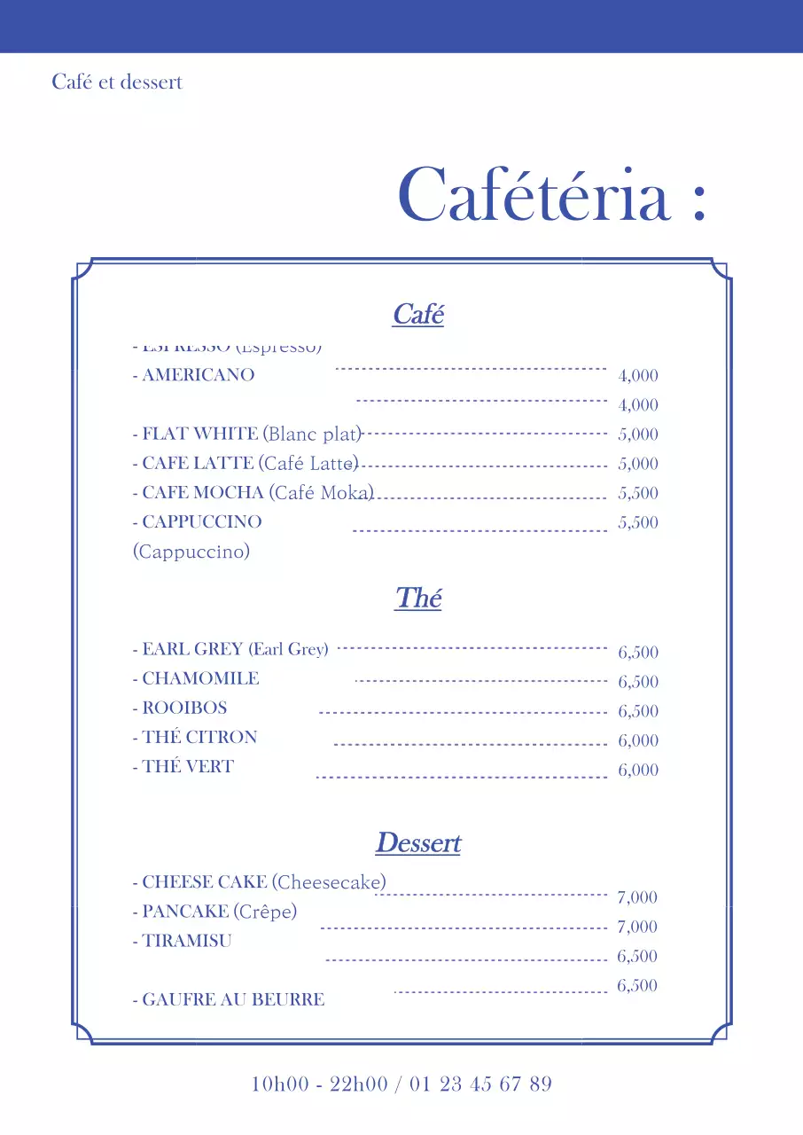 Panneau vertical de menu de café en bleu avec un concept propre et monotone