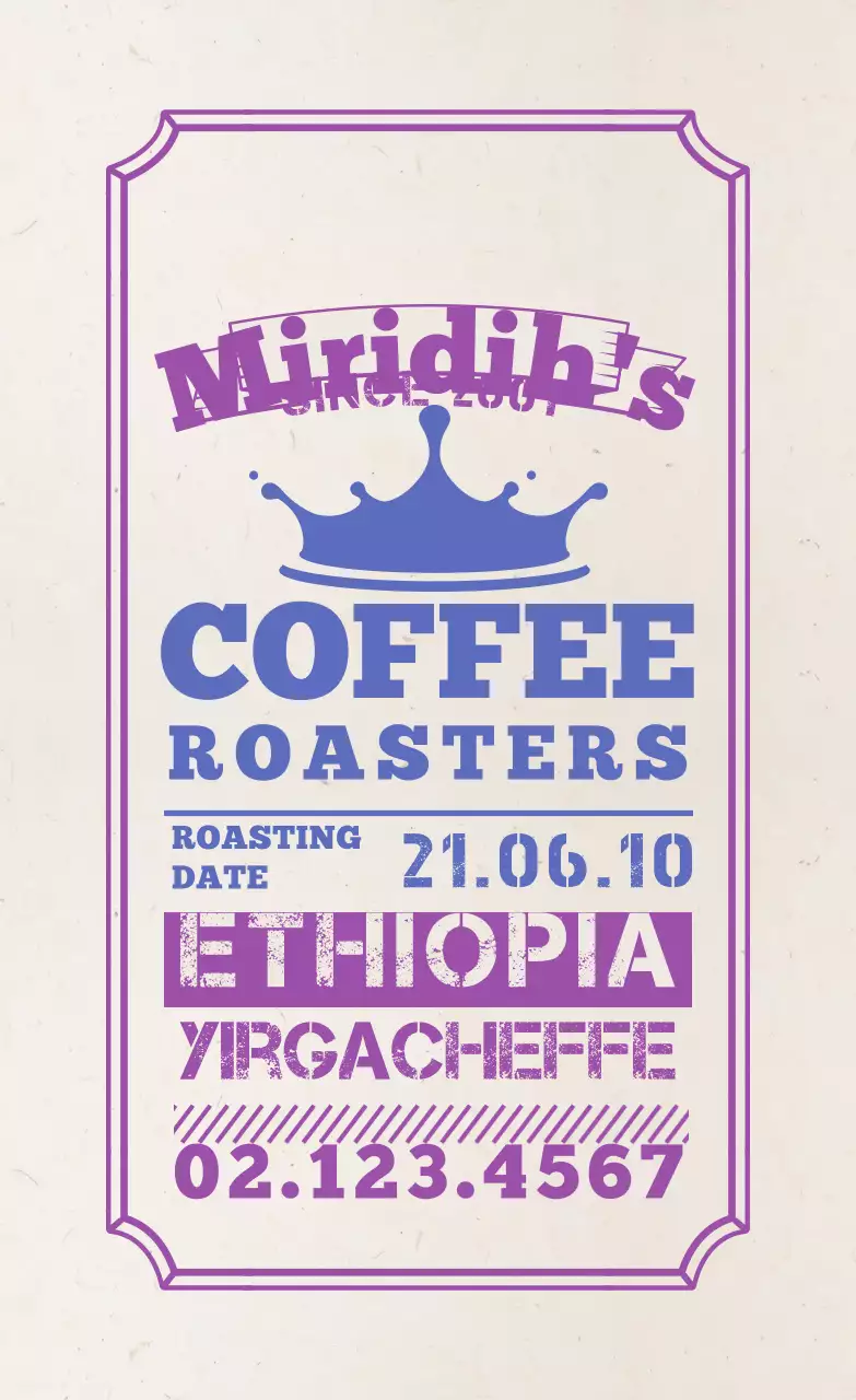 パープル系のタイポデザインが特徴的なコーヒー豆ラベル