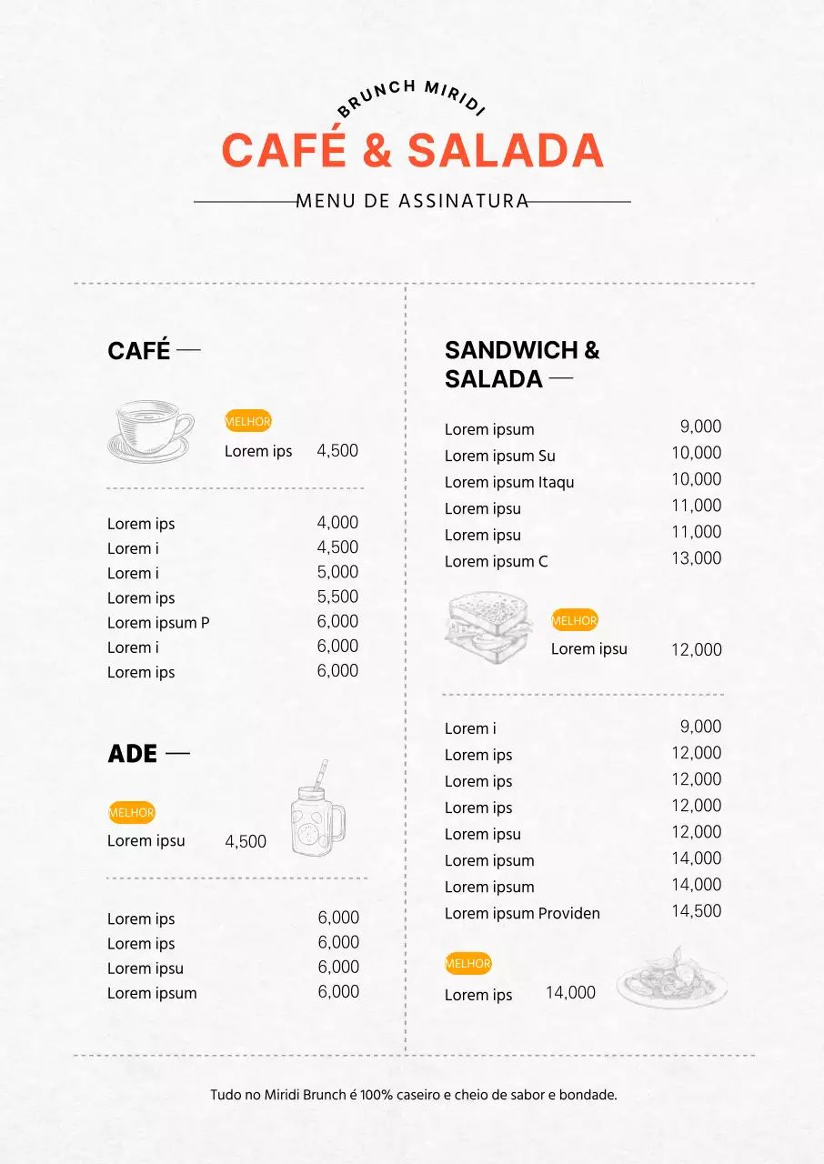 Quadro vertical de menu de café brunch em laranja com ilustrações
