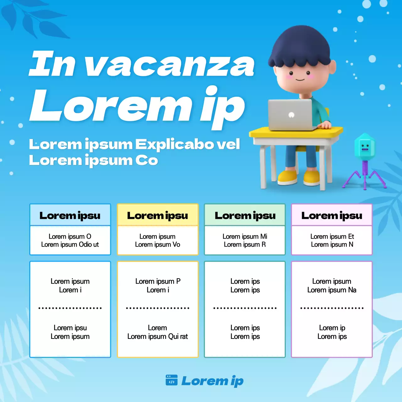 Corso intensivo estivo di codifica dei giochi per studenti della scuola primaria con concetti illustrati in 3D e dai toni blu