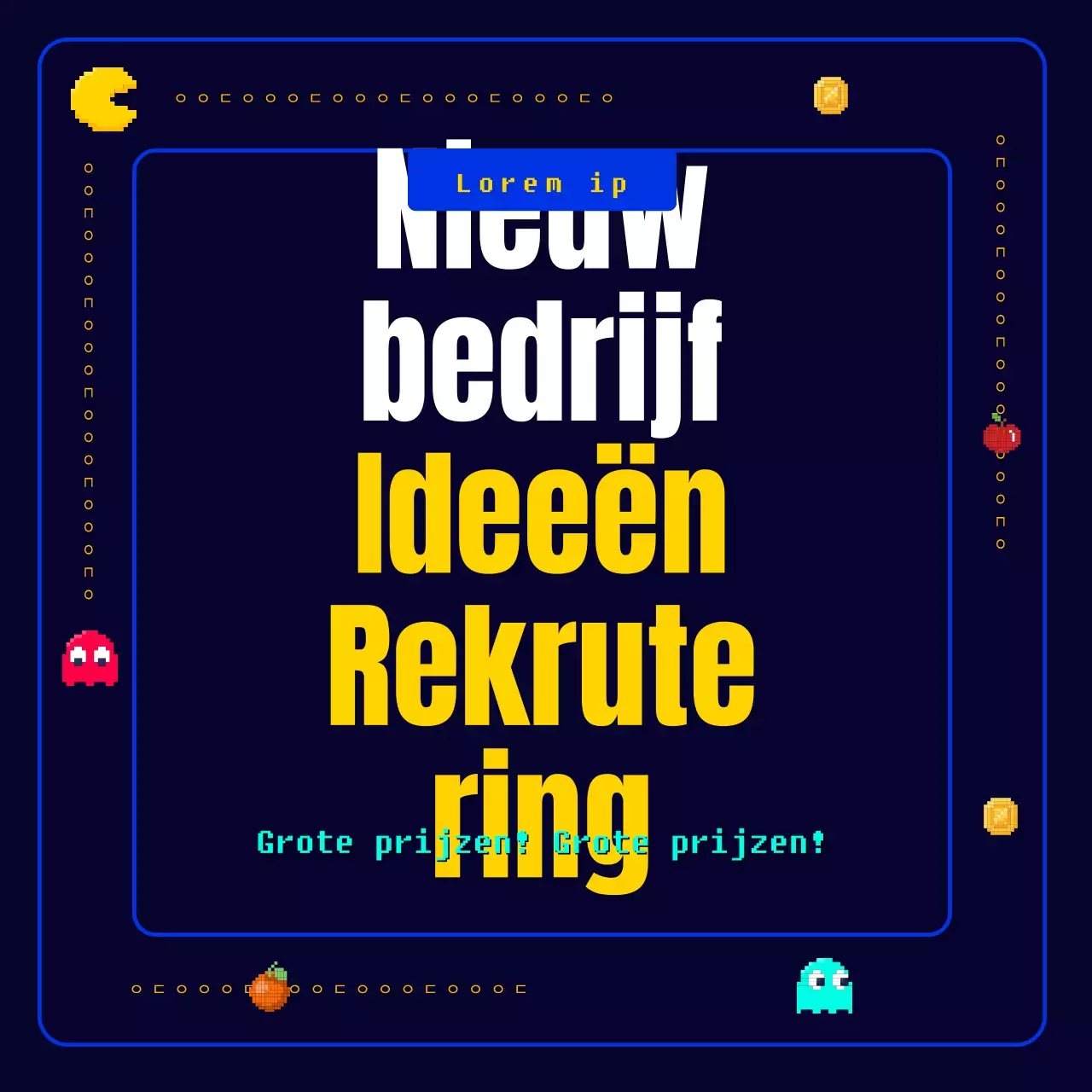 Een nieuw, leuk, retro Pac-Man pixel spel in marineblauw en geel Oproep voor nieuwe zakelijke ideeën voor een bedrijf.