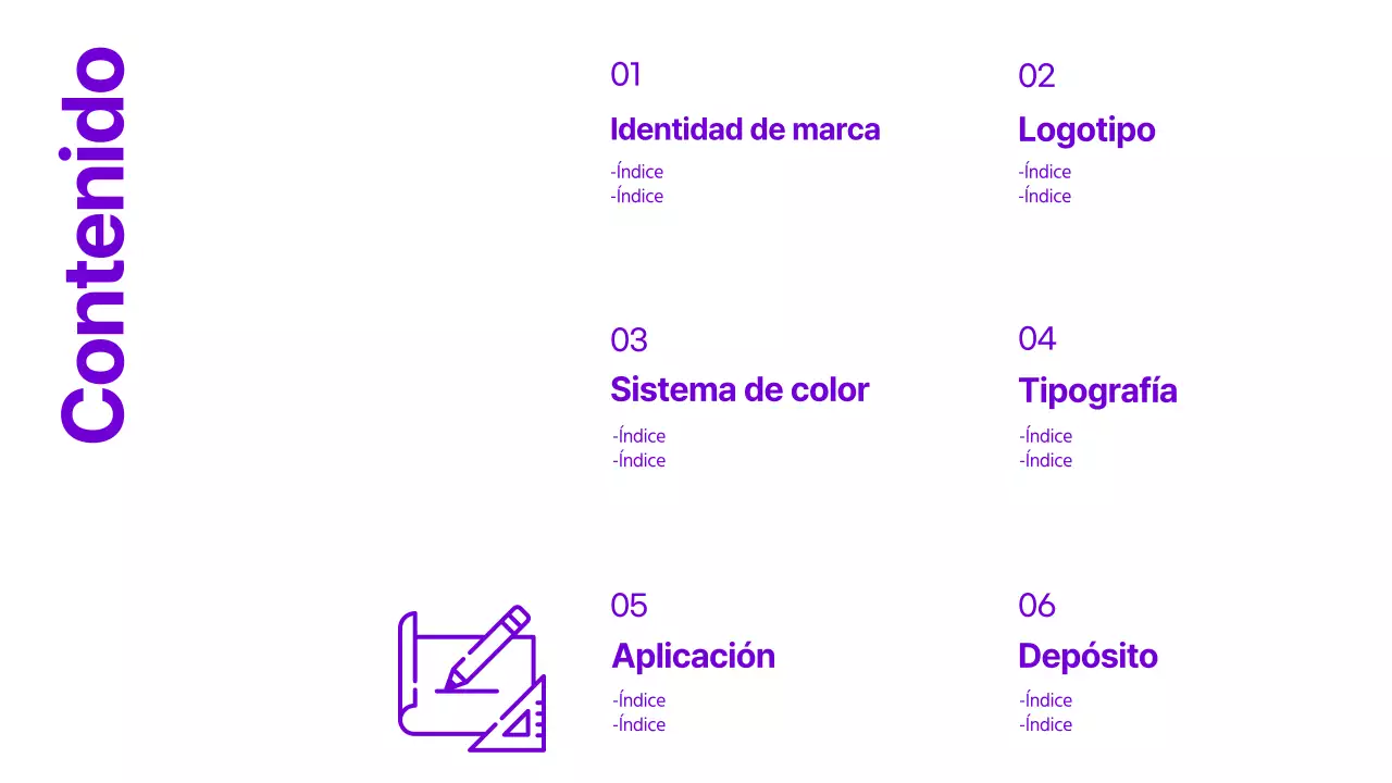 Directrices de la marca con acentos de texto limpio en morado y limón.