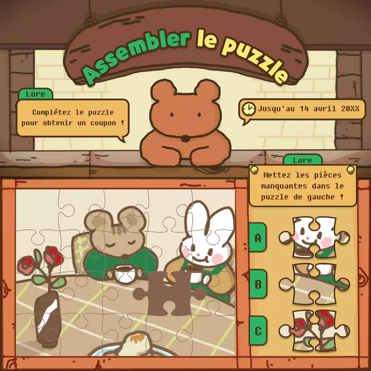 Jeu de puzzle mignon de couleur marron et verte