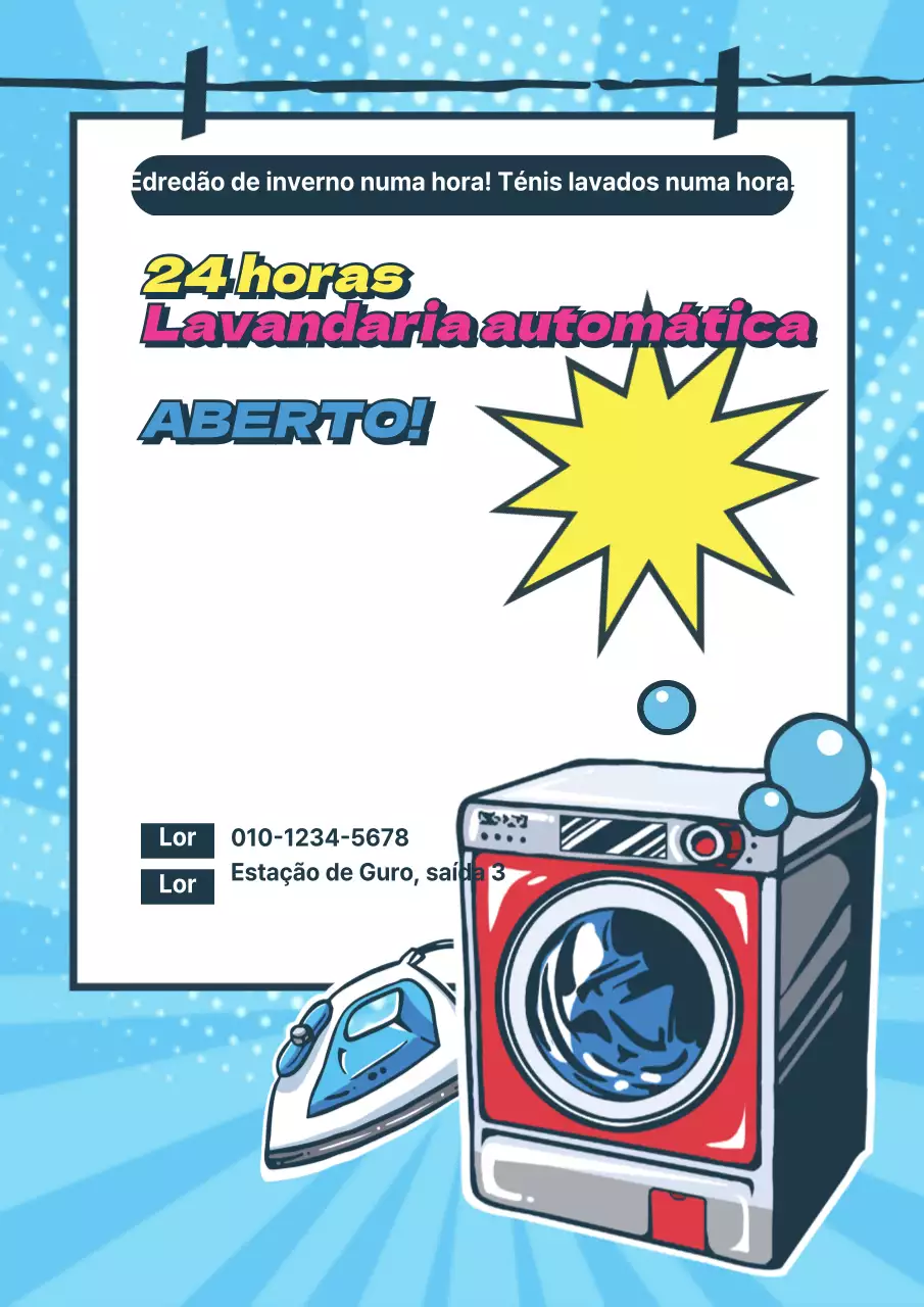 Promoção da abertura de uma lavandaria self-service com um conceito de desenho animado azul