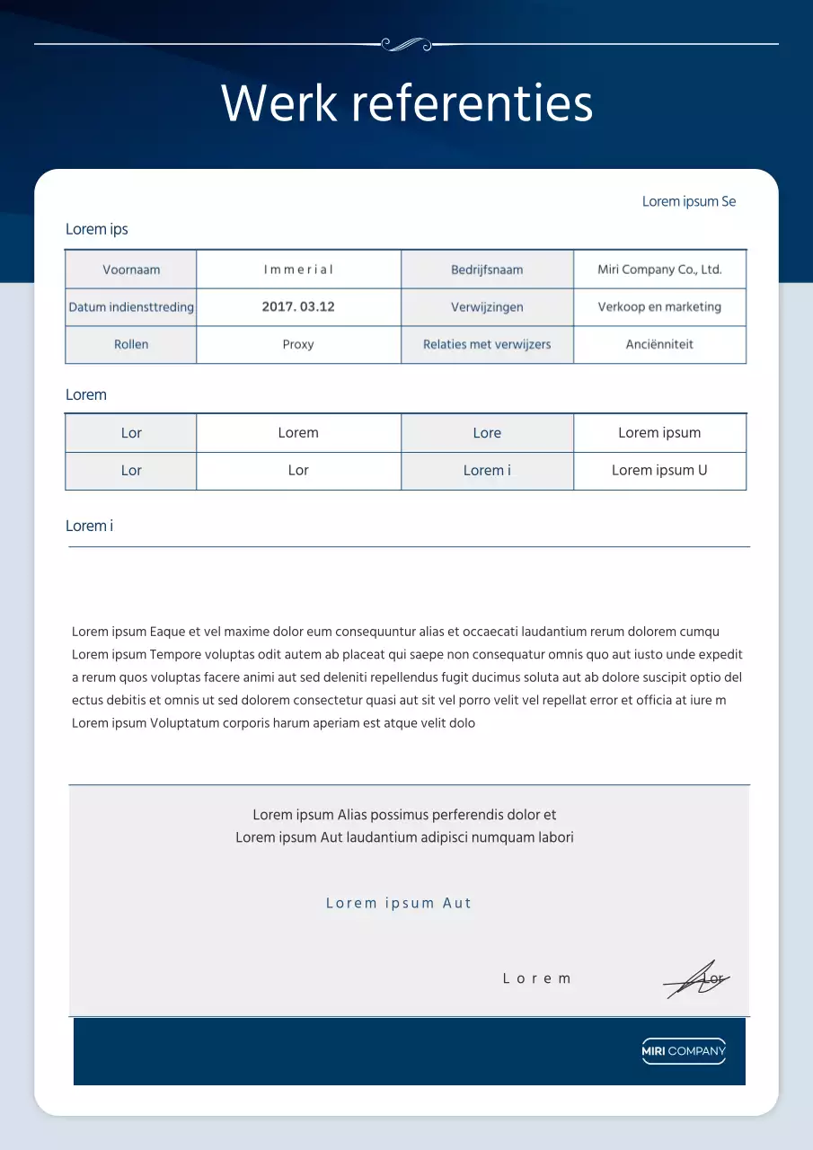 Marineblauwe, nette aanbevelingsbrief