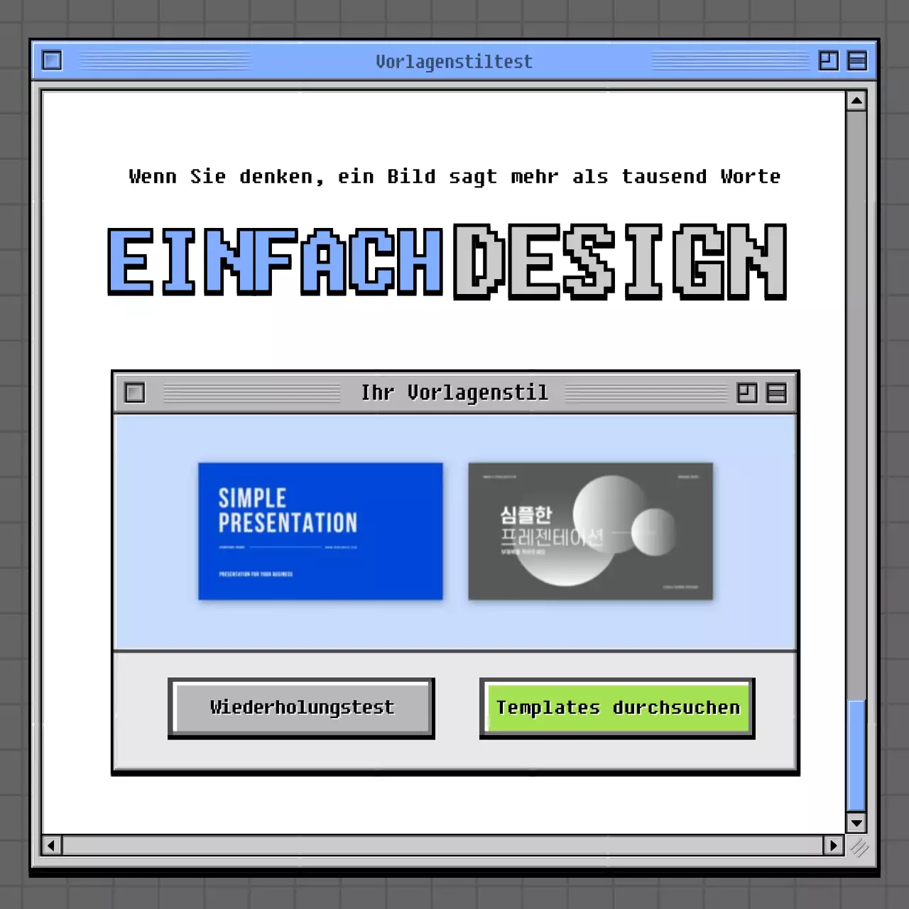 Retro-Browser-Konzept Psychologie-Test in Grau und Grün