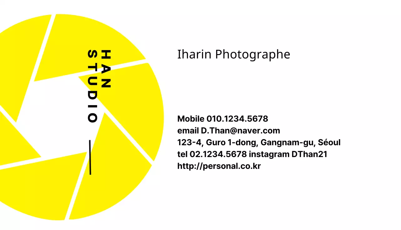 Carte de visite de photographe avec icône d'ouverture d'appareil photo jaune et blanc