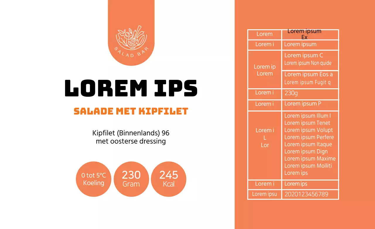 Oranje geïllustreerde voedingsetiketten voor salades