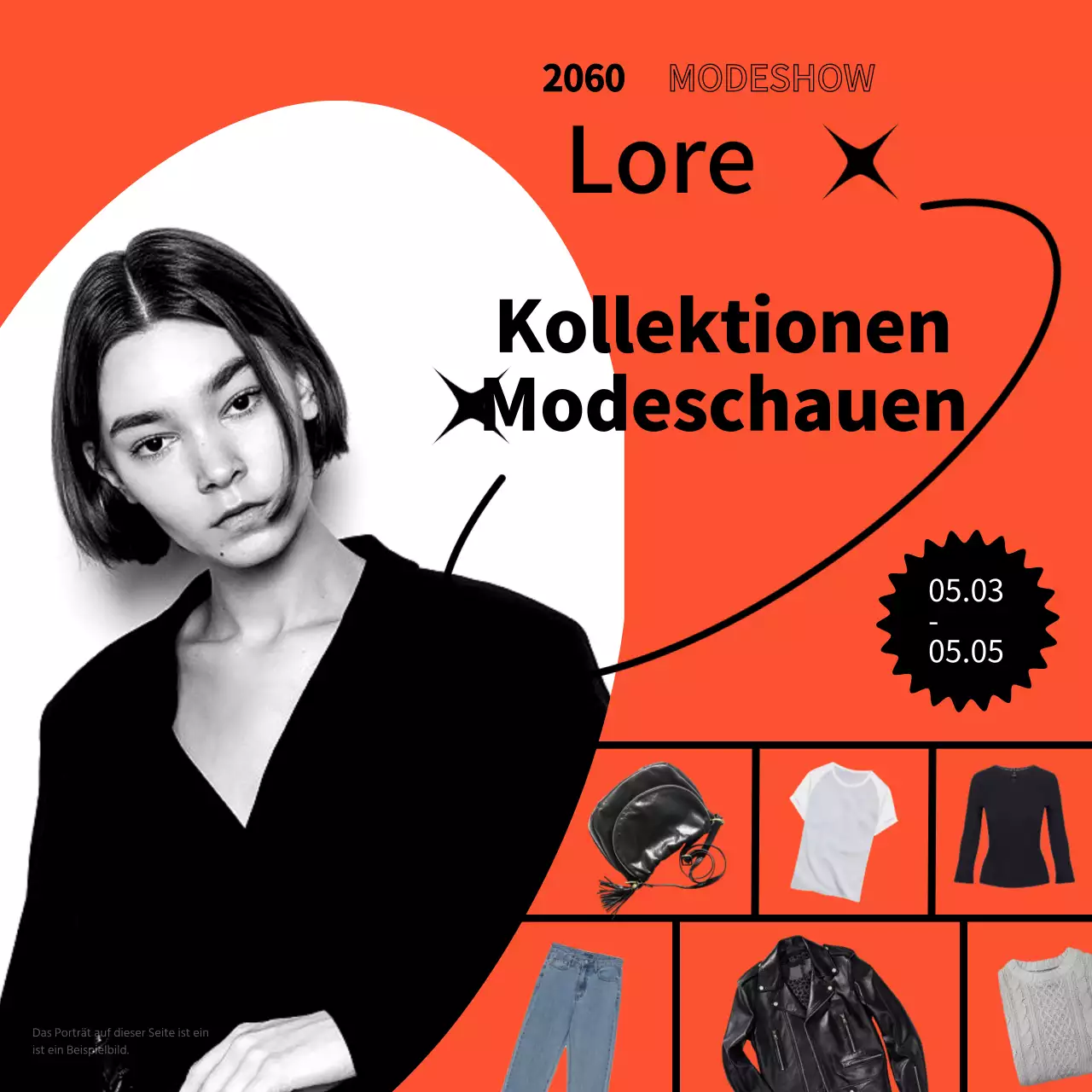Werbung für eine Modenschau für eine orange-schwarze Damenkollektion