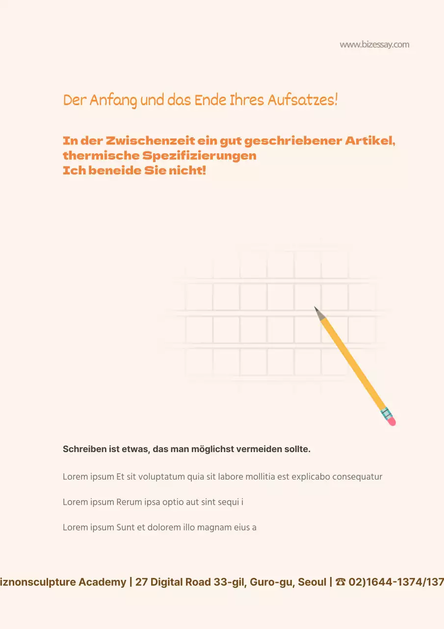 Werbung für eine Schule, die Aufsätze schreibt, mit einer orangefarbenen Illustration von Schreibgeräten