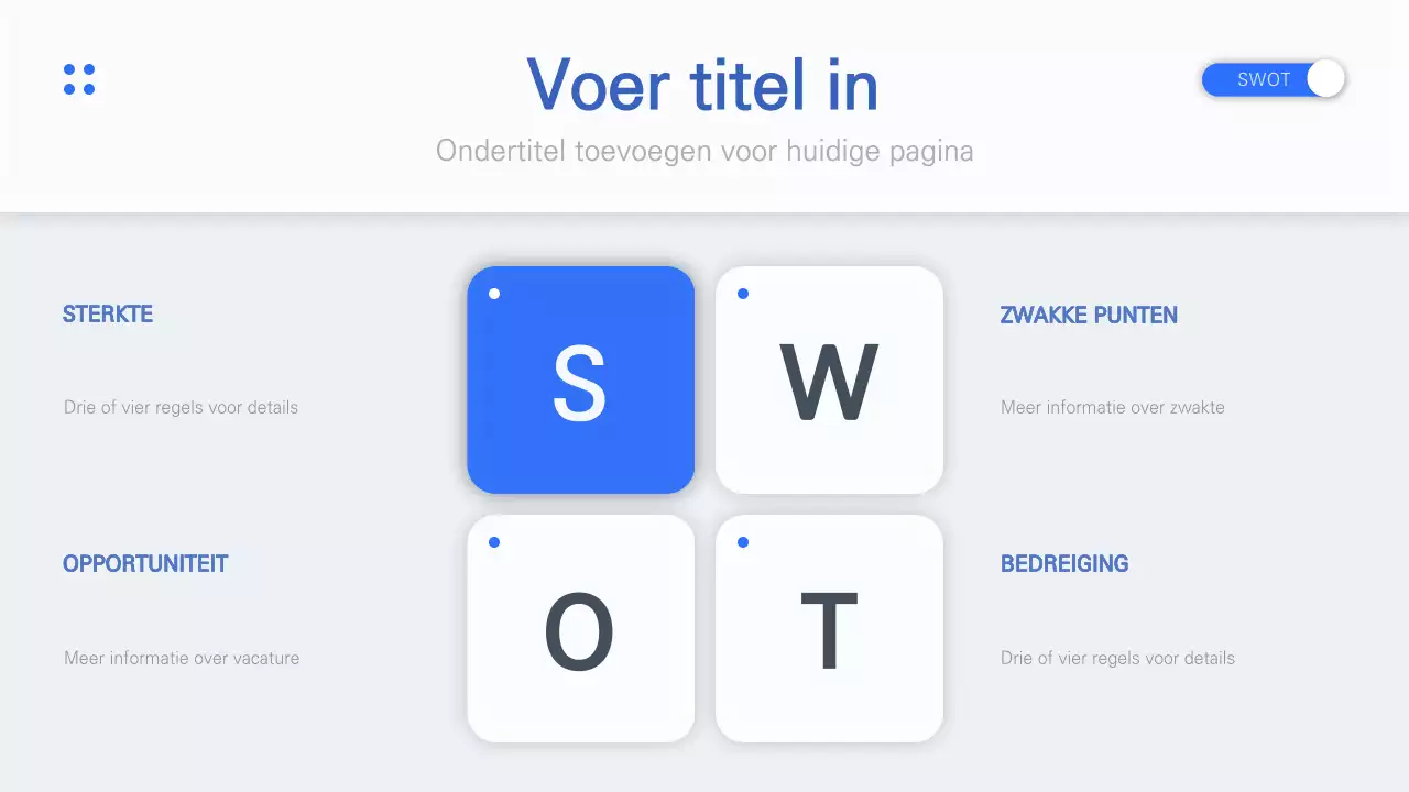 Eenvoudig grijs en blauw UI-concept SWOT-grafiek