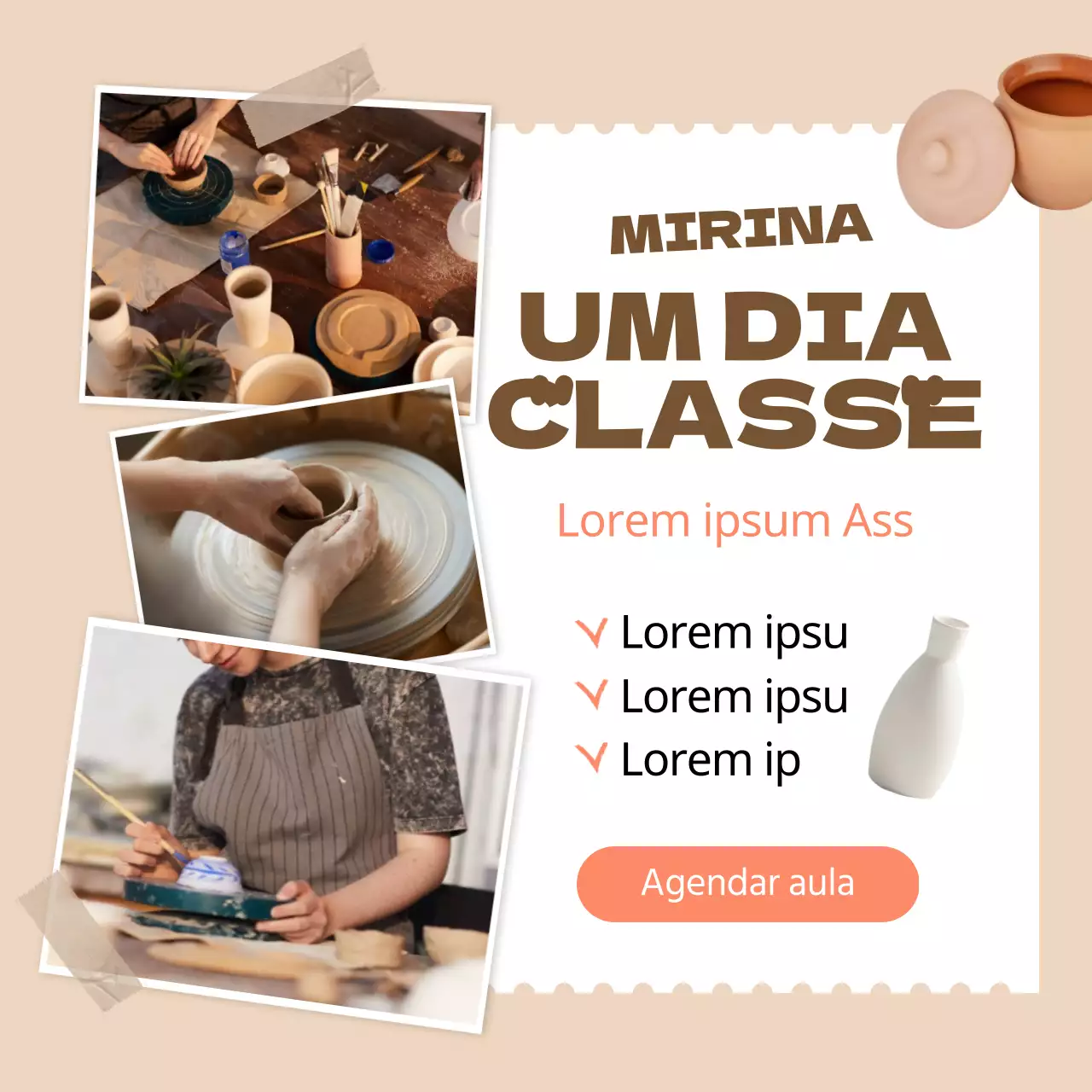 Promoção de uma aula de cerâmica de um dia em tons de bege