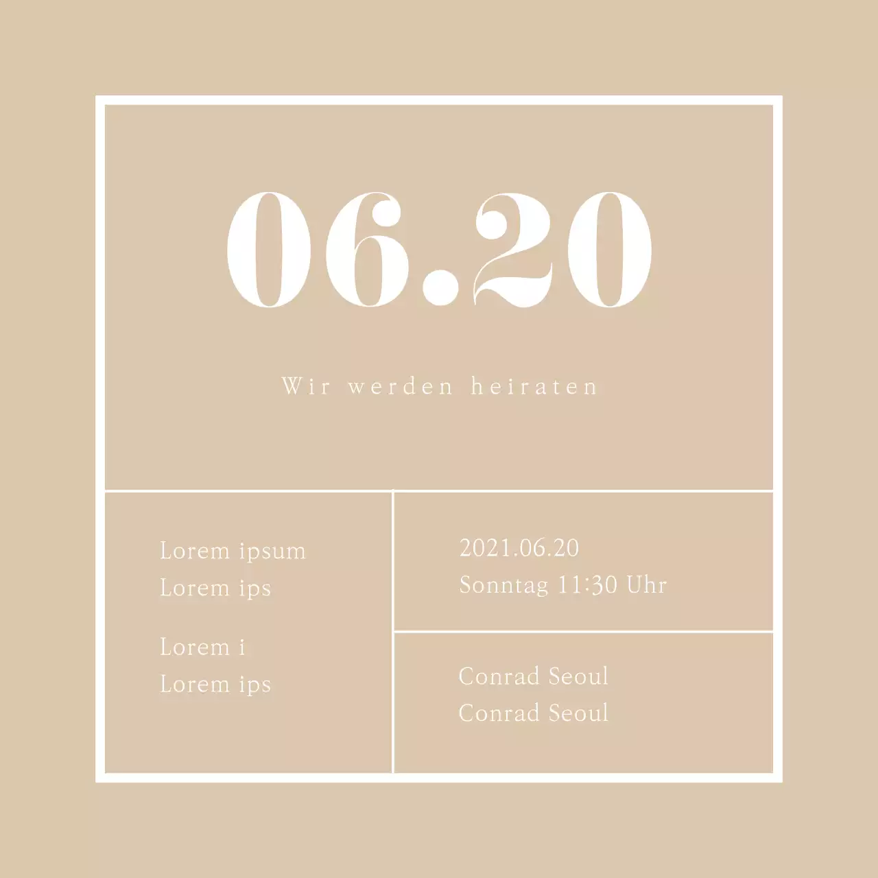 Quadratische Postkarte für die Hochzeitseinladung mit einem sauberen Look in Beigetönen
