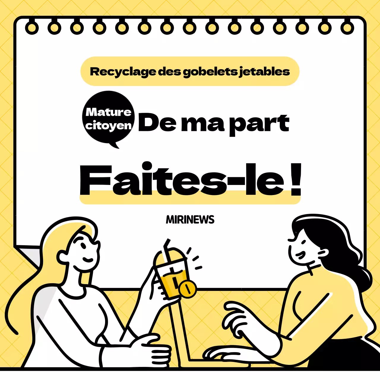 Illustration en jaune et noir du système de consigne des gobelets jetables
