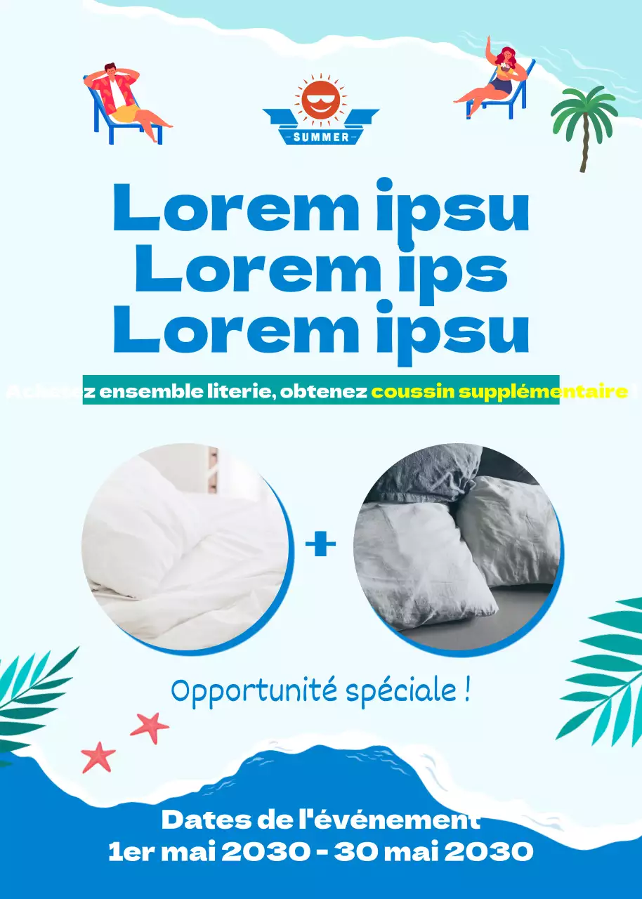 Un ensemble de literie pour le début de l'été avec un thème nautique de bord de mer et d'azur