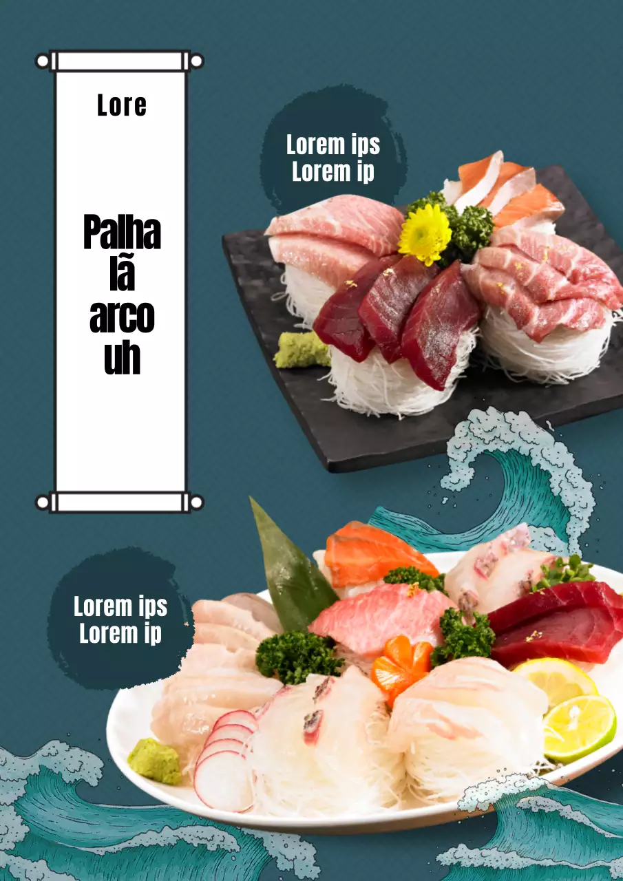 Retrato de cartaz web de menu de sashimi ao vivo com ilustração de ondas azuis