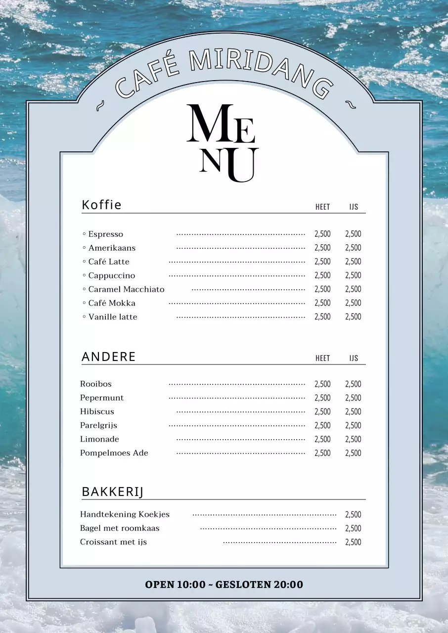 Een sentimenteel cafémenu met een blauwe oceaan op de achtergrond