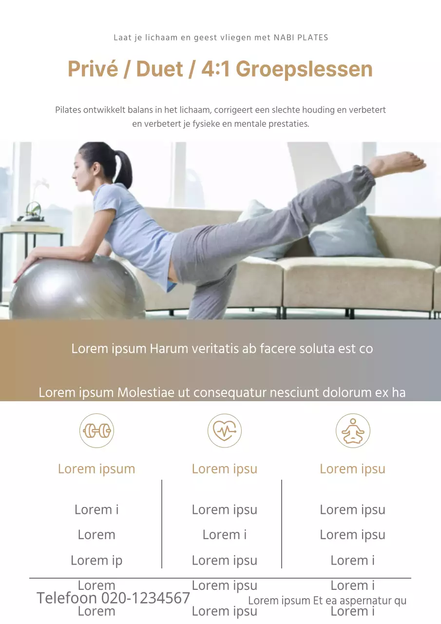 Promoot een luxe Pilatesschool met een foto van een vrouw die Pilates doet in goud.