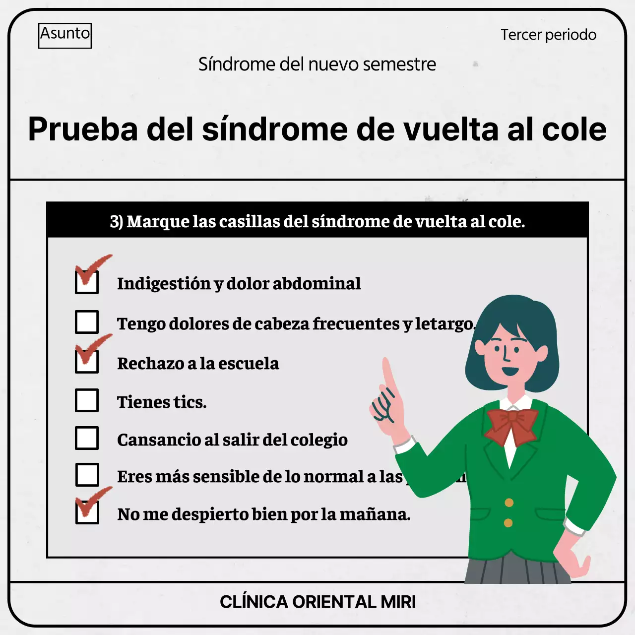 Papeles de examen grises y verdes tema del síndrome de vuelta al cole