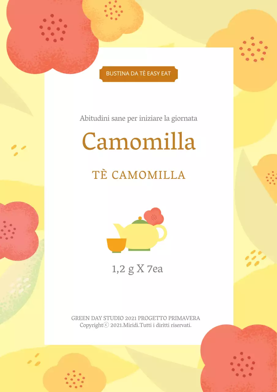 Illustrazione gialla di un'etichetta di camomilla alimentare ordinata