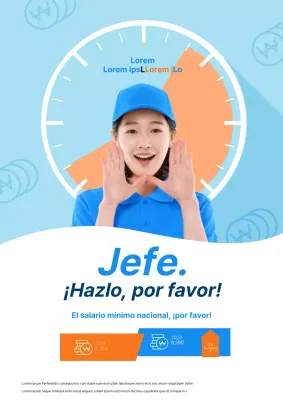 Sencillo folleto de campaña sobre el salario mínimo en azul claro y naranja