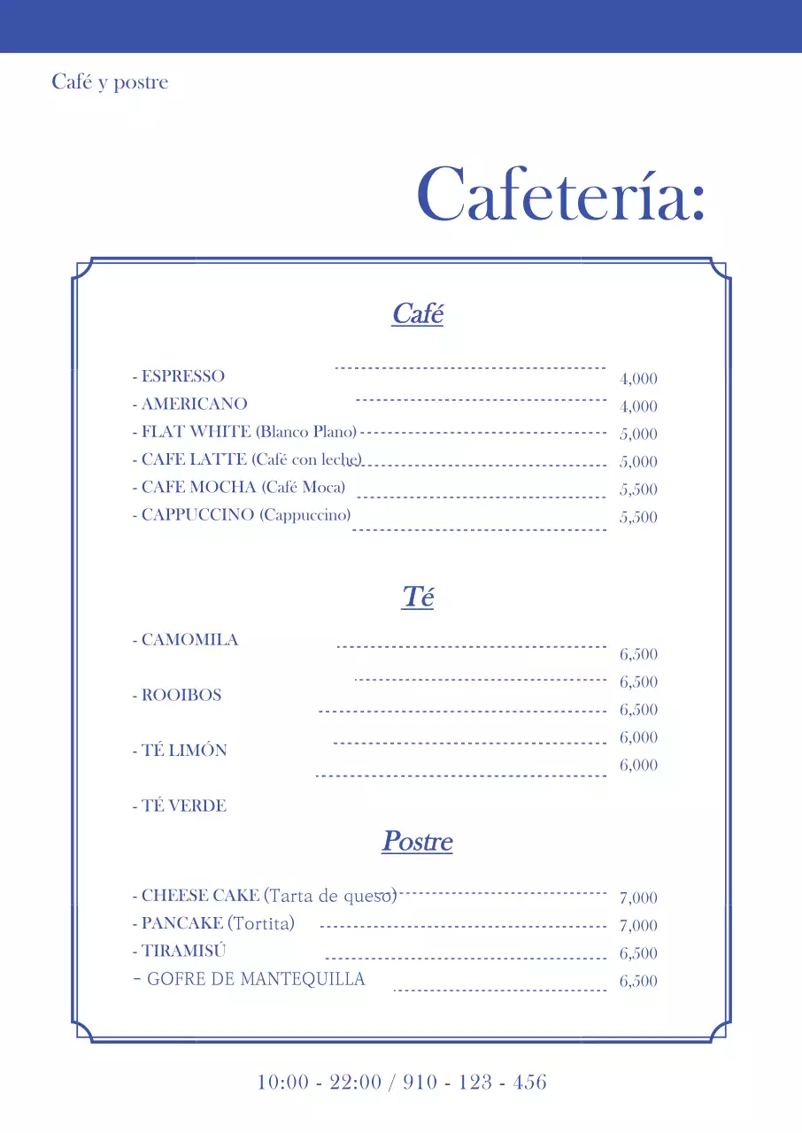 Cartel de menú de cafetería vertical en azul con un concepto limpio y monótono