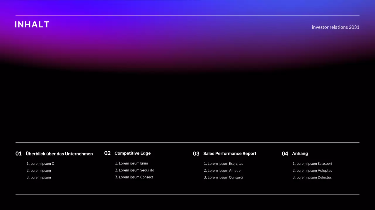 IR-Präsentation mit schwarzem, blauem und rotem Farbverlauf Geschäftskonzept